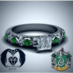 Harry Potter Slytherin Princess Cut Emerald on Black Gold Engagement Ring