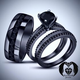 His and Hers Full Black Gold Black Diamond Engagement Set