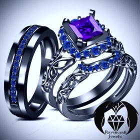 His and Hers Sapphire and Amethyst 3 Ring Engagement Set