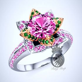 3.75CTS Pink Swarovski Topaz Lotus White Gold Engagement Ring