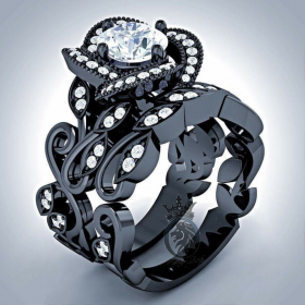 Black Gold Floral Rose Engagement Bridal Ring Set