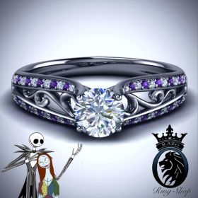 Jack and Sally Black Gold and Amethyst Black Gold Diamond Engagement Ring