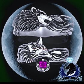 Lycan & Kitsune Moonlit Engagement - White Gold Wolf & Fox Couples Ring Set