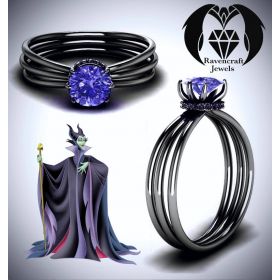 Malificent Evil Queen Amethyst Crown Solitaire Black Gold Engagement Ring