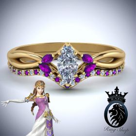 Princess Zelda Amethyst Diamond Gold Engagement Ring Set