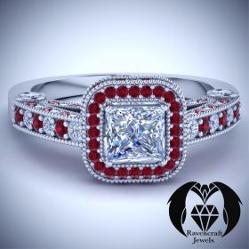 Princess Cut Ruby and Diamond Victorian Halo Engagement Ring