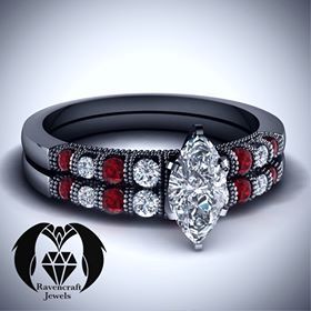 Marquise Vampire Queen Ruby and Diamond Black Gold Engagement Ring Set