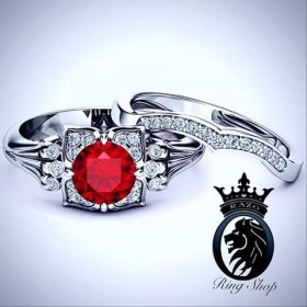 Vintage Ruby and Diamond White Gold Engagement Ring Set