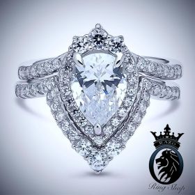 Royal Crown Pear Cut Diamond White Gold Engagement Ring Set