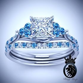 Disney’s Cinderella Princess Cut Diamond and Aquamarine White Gold Engagement Ring Set
