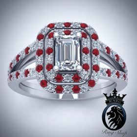 Ruby Red And Emerald Cut Diamond White Gold Engagement Ring