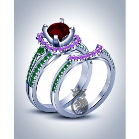 Disney Inspired Princess Ariel Red Garnet Engagement Ring Set