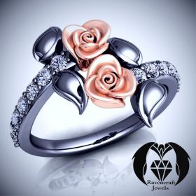 Two Tone Rose and Black Gold Floral Diamond Engagement Ring