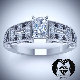 Victorian Goth White Gold Black Diamond Emerald Cut Engagement Ring