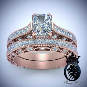 Victorian Queen Radiant Cut Antique Style Rose Gold Diamond Engagement Ring Set