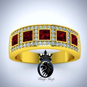 Ironman Inspired Yellow Gold Ruby Men’s Engagement Band Ring