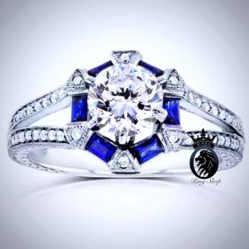 Art Deco Vintage Styled Sapphire Accented Engagement Ring