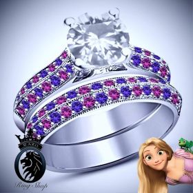 Tangled Princess Rapunzel Amethyst Pink Sapphire Diamond Engagement Ring Set