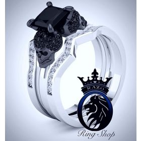 Princess Cut Black Diamond Skull 3 Ring Engagement Set
