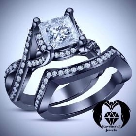 Princess Cut Black Gold Modern Goth Diamond Engagement Ring Set