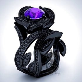 Maleficent Floral Inspired Purple and Black Bridal Engagement Ring Set