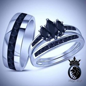 His and Hers White Gold Black Marquise Diamond Engagement Ring Set