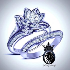 White Lotus Diamond Engagement Wedding Ring Set