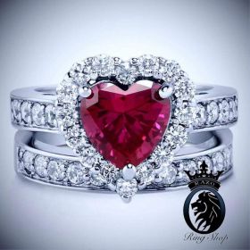 Pink Ruby Heart White Gold Diamond Valentines Engagement Ring Set