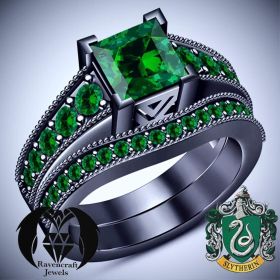 Harry Potter House Slytherin Emerald on Black Gold Engagement Ring Set