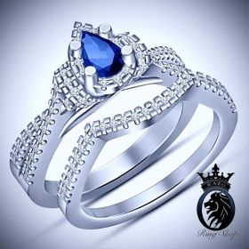 Pear Cut Sapphire and Diamond on White God Engagement Ring Set