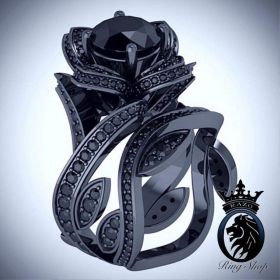 Black Diamond Black Gold Rose Engagement Ring Set