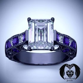 Emerald Cut Diamond and Purple Amethyst on Black Gold Gothic Engagement Ring