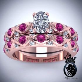 Oval Cut Diamond and Pink Ruby Rose Gold Engagement Ring Set