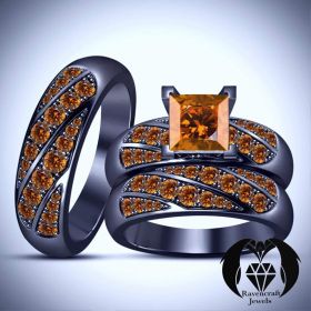 Orange Pumpkin Citrine on Black Gold Halloween Wedding Ring Set