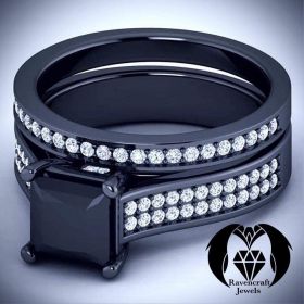 Princess Cut Black Diamond Black Gold Engagement Ring Set