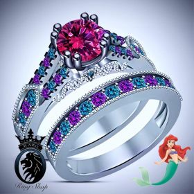 Princess Ariel Little Mermaid Inspired Ruby Amethyst Aquamarine Engagement Ring Set