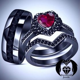 His and Hers Black Gold Diamond Pink Ruby Engagement Ring Set