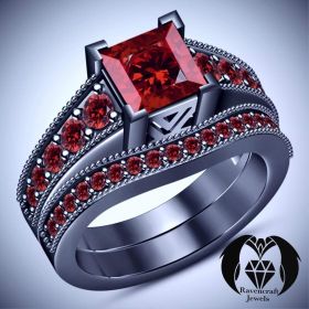 Princess Cut Vampire Ruby on Black Gold Engagement Ring Set