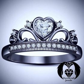 Gothic Princess Black Gold Heart Cut Diamond Crown Ring