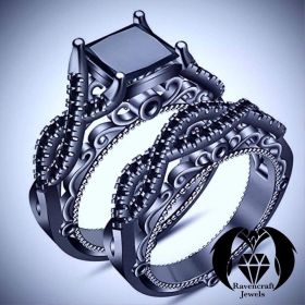 Princess Cut Black Diamond Black Gold Gothic Engagement Ring Set