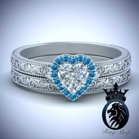 Antique Style Heart Cut Aquamarine Engagement Ring Set 