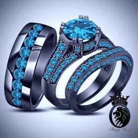 His and Hers Aquamarine on Black Gold March Birthstone Engagement Ring Set