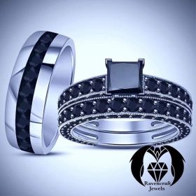 White Gold Black Diamond His and Hers Engagement Ring Set