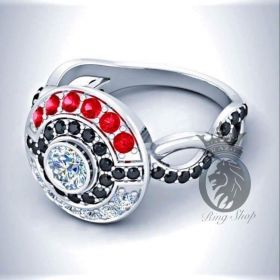 Pokemon Pokeball Red Garnet, Black and White Diamonds Infinity Band Engagement Promise Ring