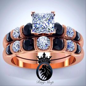 Rose Gold Princess Cut Black and White Diamond Engagement Ring Set