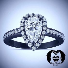 Pear Cut White Diamond Black Gold Engagement Ring