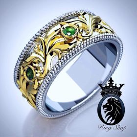 Elven King Yellow and White Gold Emerald Wedding Band