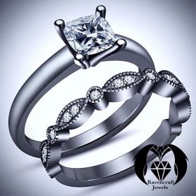 Petite Cushion Cut Simple Black Gold and White Diamond Engagement Ring Set
