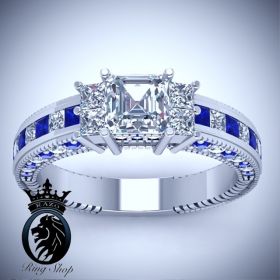 Elegant Princess Cut Diamond and Sapphire White Gold Engagement Ring