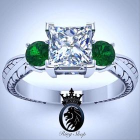 Slytherin Inspired Emerald and Princess Cut Diamond Engagement Ring